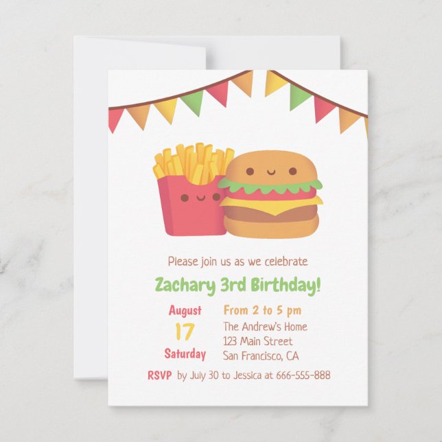 Invitation Cute Fast Food Fries et Burger Birthday Party (Devant)