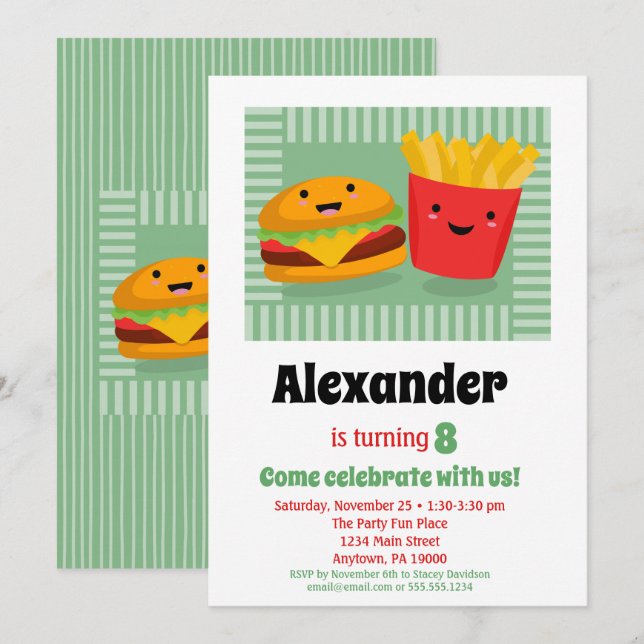 Invitation Cute Fast Food Hamburger Fries Anniversaire Invita (Devant / Derrière)