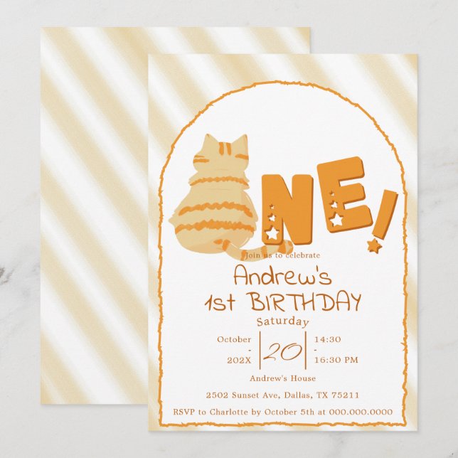 Invitation Cute Fat Orange Cat 1st Birthday (Devant / Derrière)