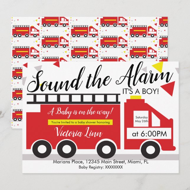 Invitation Cute Fire Truck Véhicule Baby shower Confetti (Devant / Derrière)