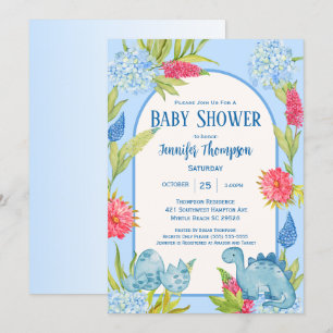 Invitation Cute Floral Dino Maman Baby shower aux oeufs