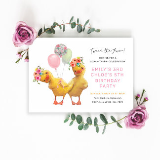 Invitation Cute Floral Ducks Joint Birthday Party