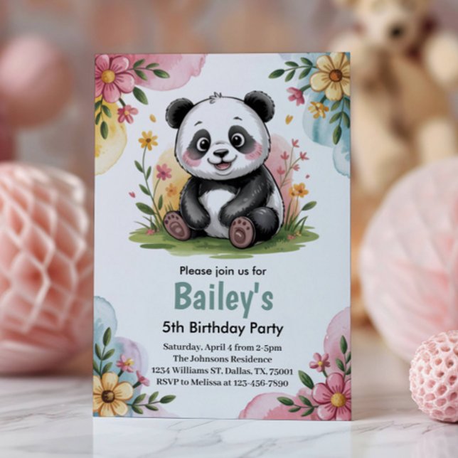 Invitation Cute Floral Enfants Panda 5e fête d'anniversaire (Créateur téléchargé)