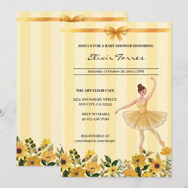 Invitation Cute Floral Jaune Ballerina  Baby shower (Devant / Derrière)