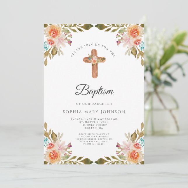 Invitation Cute Floral Religieux Croix Fille Baptême (Debout devant)