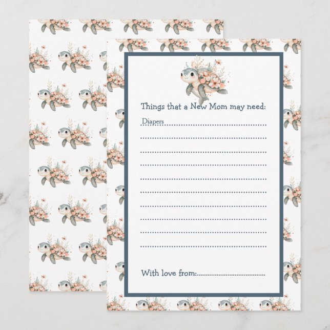 Invitation Cute Floral Turtle Baby Shower (Devant / Derrière)