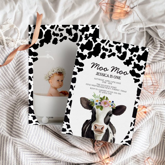 Invitation Cute Floral Vache Moderne 1ère fête d'anniversaire (Créateur téléchargé)