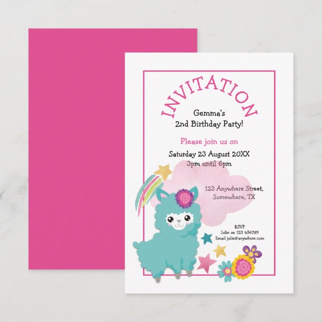 Invitation Cute Fluffy Llama Jeune Enfant Fête Anniversaire R (Devant / Derrière)