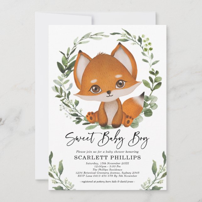 Invitation Cute Forest Fox Green Wreath Baby Boy Shoy (Devant)