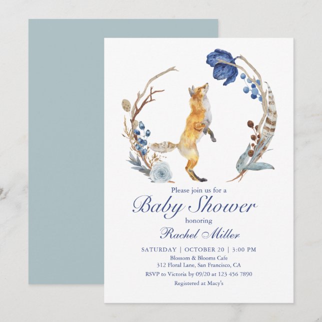 Invitation Cute Fox bois aquarelle Baby shower Floral (Devant / Derrière)