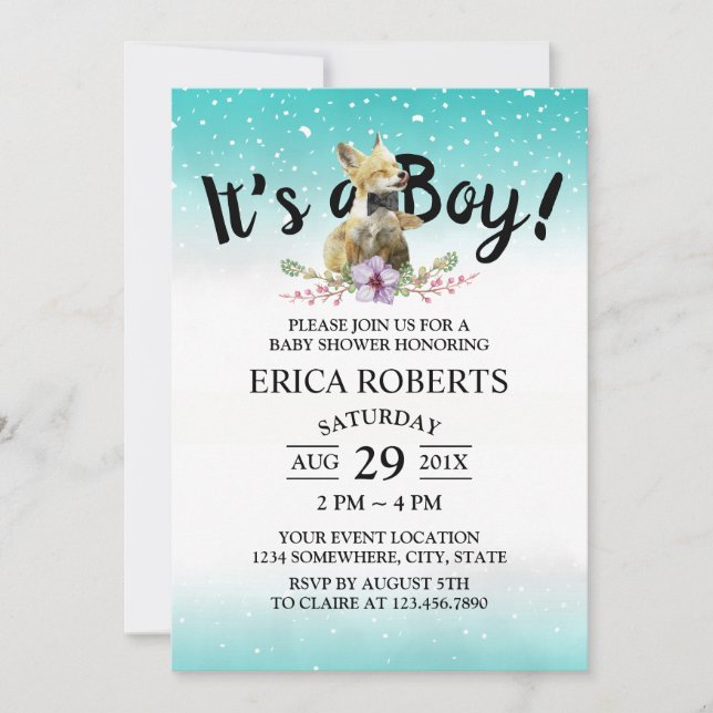 Invitation Cute Fox Boy Baby shower Turquoise d'aquarelle (Devant)