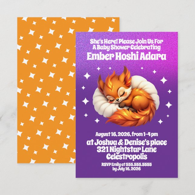 Invitation Cute Fox Cub Asleep in Starry Sky Baby Shower (Devant / Derrière)
