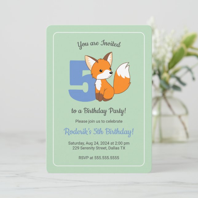 Invitation Cute Fox on Green Boys 5e anniversaire (Debout devant)