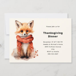 Invitation Cute Fox Pup in a Red Scarf Thanksgiving Dinner