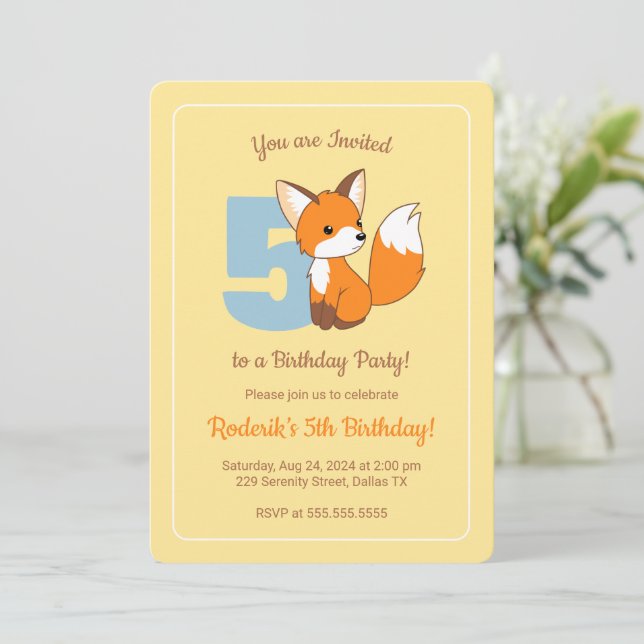 Invitation Cute Fox sur Yellow Kids 5e anniversaire (Debout devant)