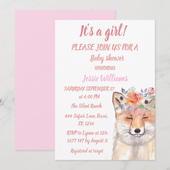 Invitation Cute Fox Woodland Animaux rose Rustique bébé fille (Devant / Derrière)