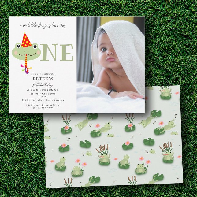 Invitation Cute Frog Party Hat Kids First 1st Birthday Photo (Cute Frog Party Hat Kids First 1st Birthday Photo Invitation)