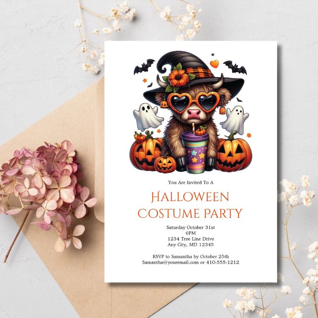 Invitation Cute Funny Highland Cow Café Halloween Party (Highland Cow Halloween Party Invitation Cute Funny for Kids or Adults. Digital or Printed. )