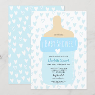 Invitation Cute garçon bleu coeurs bébé baby shower bouteille