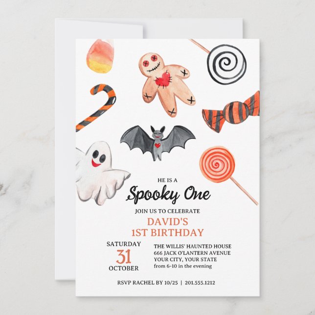Invitation Cute Ghost Bat Sweets Halloween Anniversaire Éffra (Devant)