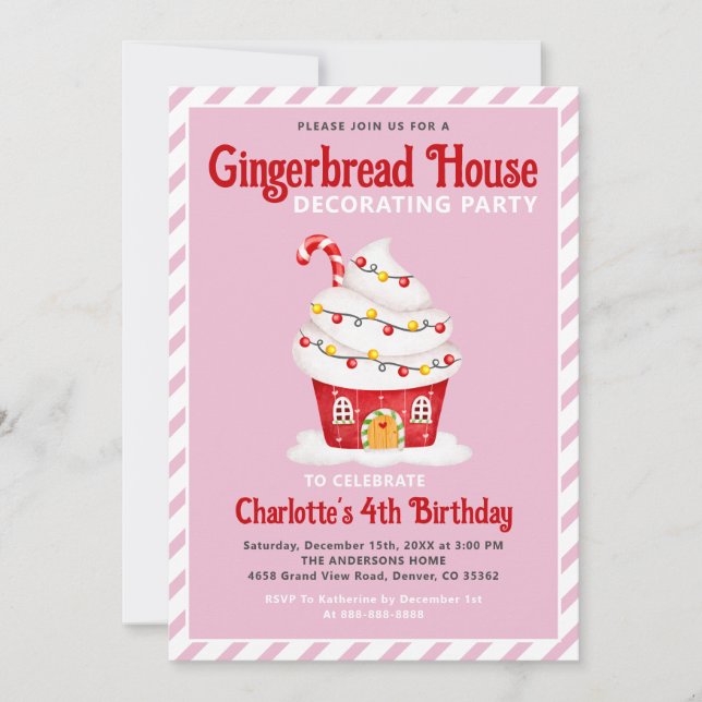Invitation Cute Gingerbread Maison Sucre de canne rose Annive (Devant)