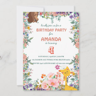 Invitation Cute girafe fleurs fleurie fête d'anniversaire