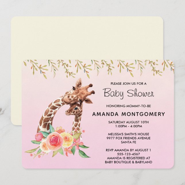 Invitation Cute Giraffe Aquarelle Maman & Baby shower bébé (Devant / Derrière)