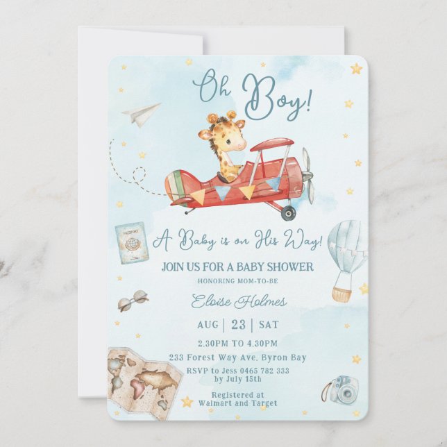 Invitation Cute Giraffe Avion Aventure Oh Boy Baby shower (Devant)