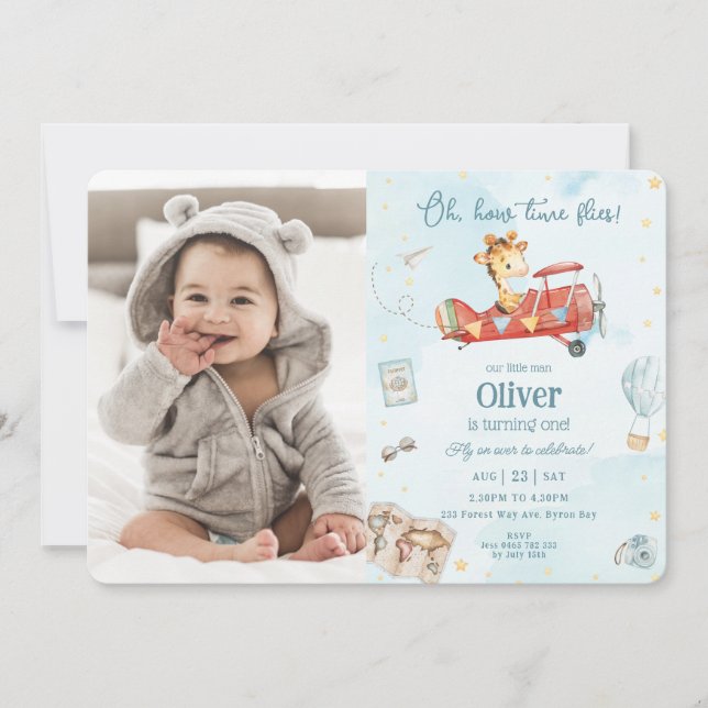 Invitation Cute Giraffe Avion vole Aventure Anniversaire Phot (Devant)