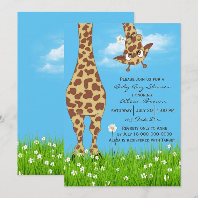 Invitation Cute Giraffe Baby Boy Douche (Devant / Derrière)
