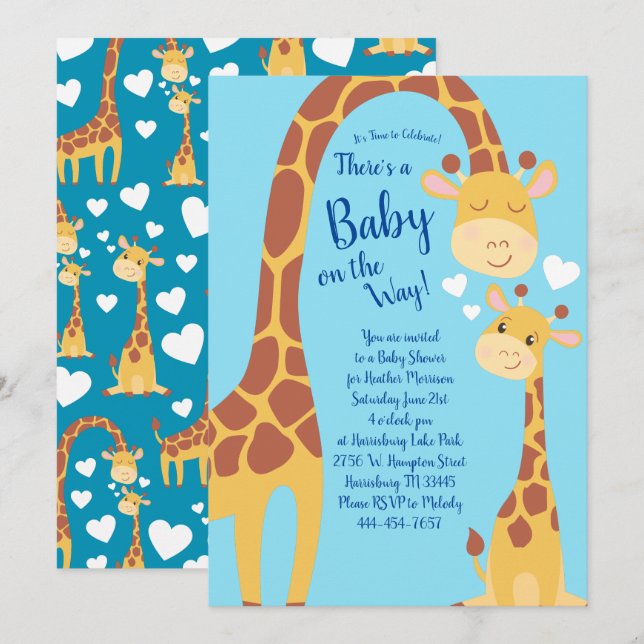 Invitation Cute Giraffe Baby shower Blue Boy (Devant / Derrière)