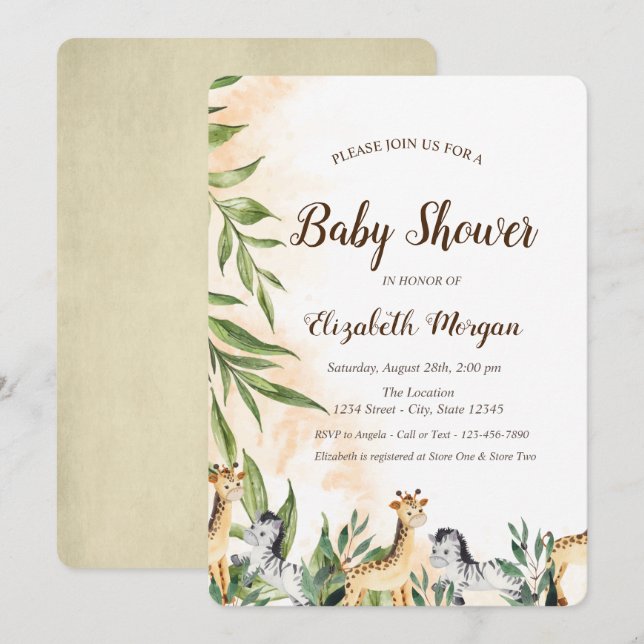 Invitation Cute Giraffe, Baby shower Feuille Zebra (Devant / Derrière)