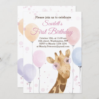 Invitation Cute Giraffe Ballons colorés Fille 1er anniversair