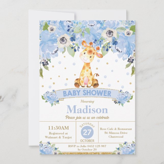Invitation Cute Giraffe Blue Floral Boy Baby shower (Devant)