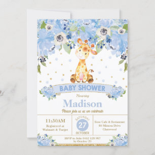 Invitation Cute Giraffe Blue Floral Boy Baby shower