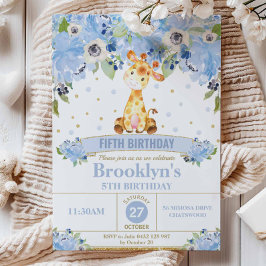 Invitation Cute Giraffe Blue Floral fête d'anniversaire