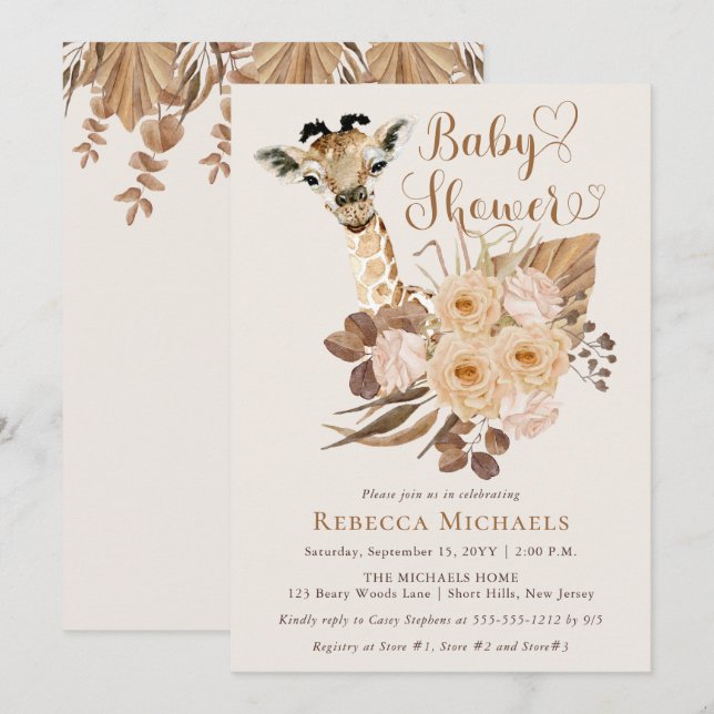 Invitation Cute Giraffe Boho Grasses séchées Baby shower (Devant / Derrière)