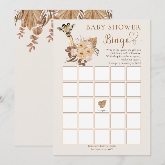 Invitation Cute Giraffe Boho Grasses séchées Baby shower Bing (Devant / Derrière)