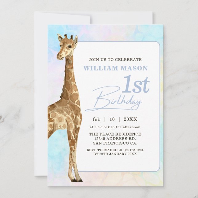 Invitation Cute Giraffe Boy 1er anniversaire Bleu (Devant)