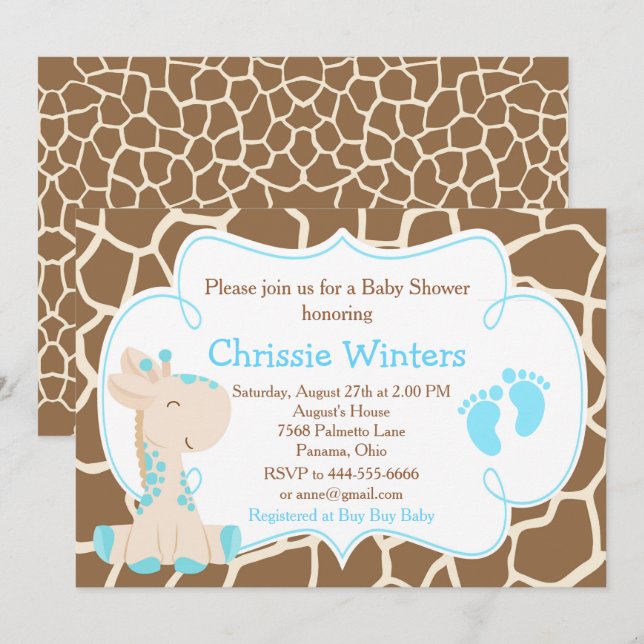 Invitation Cute Giraffe Boy Baby shower bleu (Devant / Derrière)