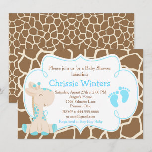 Invitation Cute Giraffe Boy Baby shower bleu