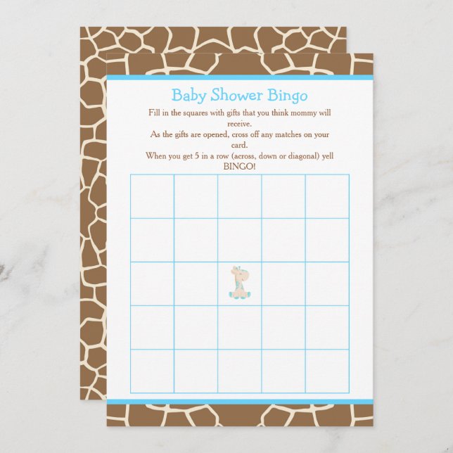 Invitation Cute Giraffe Boy Baby shower bleu Bingo (Devant / Derrière)