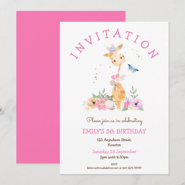 Invitation Cute Giraffe Floral Girls 5e fête d'anniversaire (Devant / Derrière)