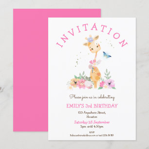 Invitation Cute Giraffe Florals Filles 3e fête d'anniversaire