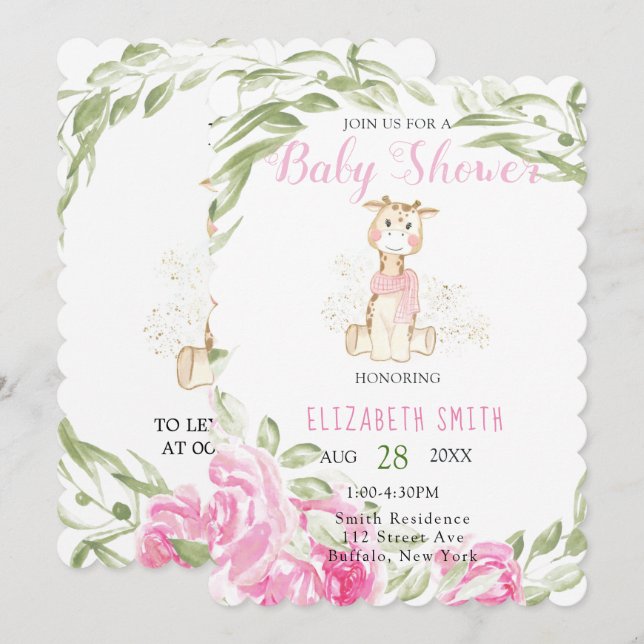 Invitation Cute Giraffe Parties scintillant or huile bébé fil (Devant / Derrière)