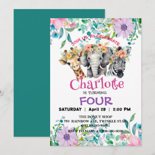 Invitation Cute Giraffe Zebra jungle Animaux Anniversaire Flo