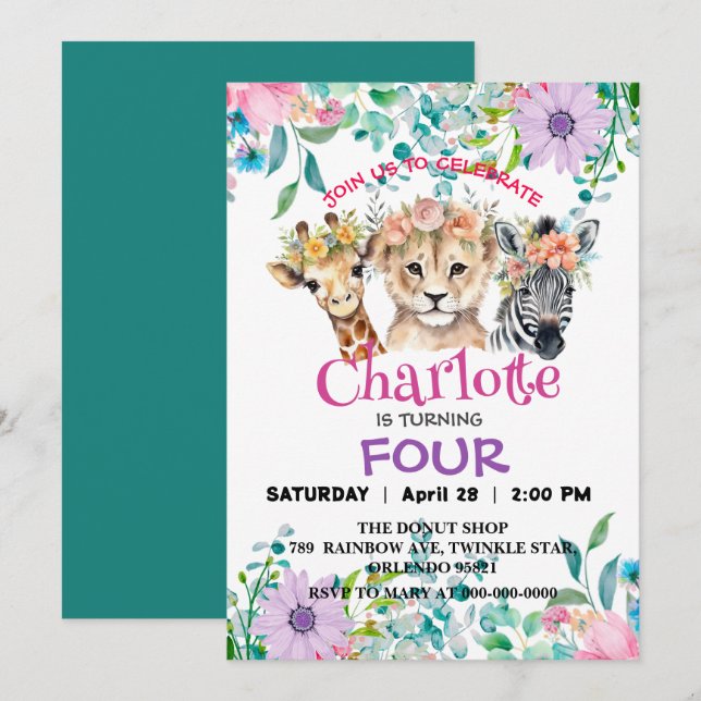 Invitation Cute Giraffe Zebra jungle Animaux Anniversaire Flo (Devant / Derrière)