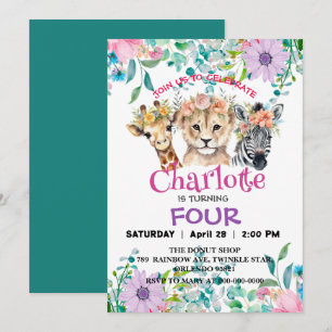 Invitation Cute Giraffe Zebra jungle Animaux Anniversaire Flo