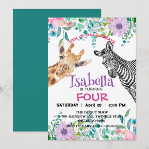 Invitation Cute Giraffe Zebra jungle Animaux Fleur d'annivers