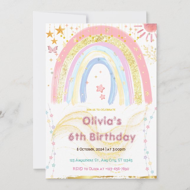 Invitation Cute Girl Abstract Rainbow Any Age Birthday (Devant)